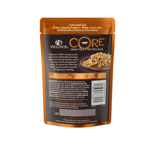 Wellness CORE Simply Shreds for Dogs Shredded Boneless Chicken, Chicken Liver & Broccoli Recipe in Broth